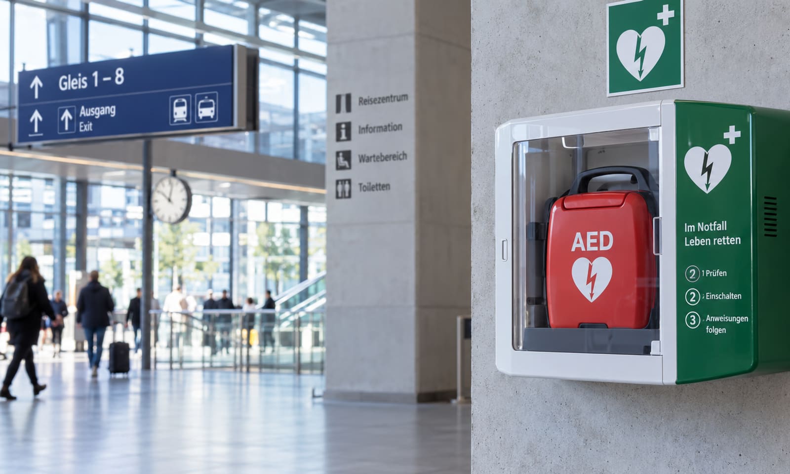 Wandmontierter AED-Defibrillator im Schutzkasten im Eingangsbereich eines öffentlichen Gebäudes